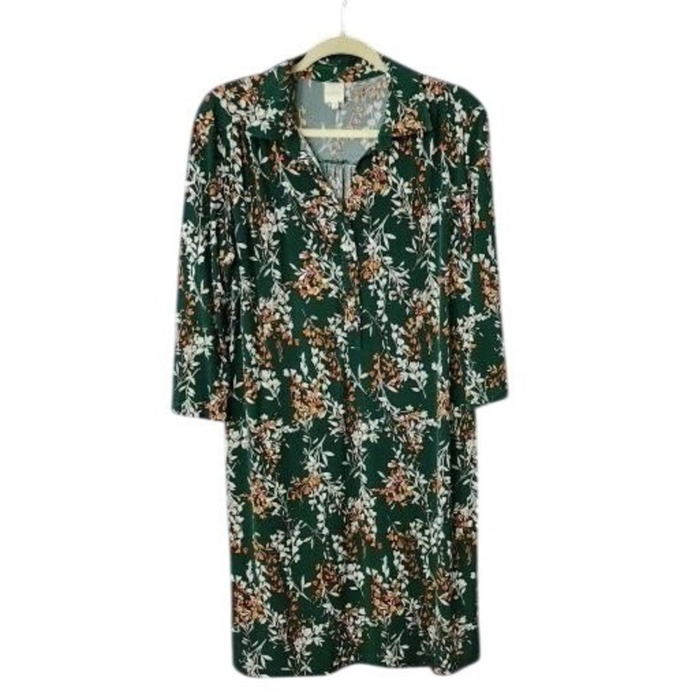 Kaileigh Floral Shirt Dress Women's Green 3/4 Sleeve Belted, XLee-Length